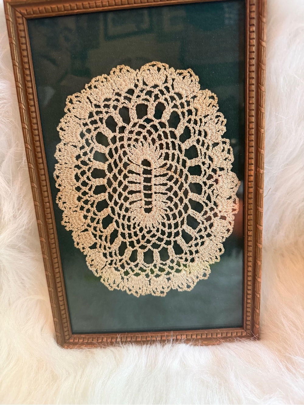 Framed Vintage Crochet Doily Wall Art — Ivory on Dark Green